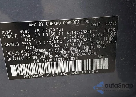 2018 Subaru Outback 2.5I Premium from USA, damaged, VIN 4S4BSAFC8J3318213